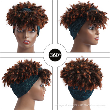 African Women Wigs Synthetic Culry Head Wig Wrap  Linked Short Drawsrting Headband Wigs